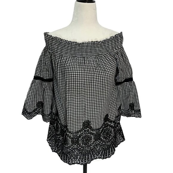 𝅺off the Shoulder♠️Black/White GinghamTop Lace Hem Sz S - Picture 1 of 6